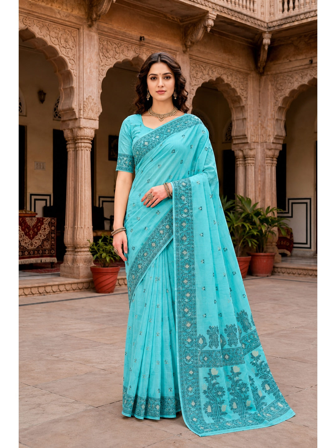Peachmode Teal Cotton Blend Urvi Cotton Saree - Image 1