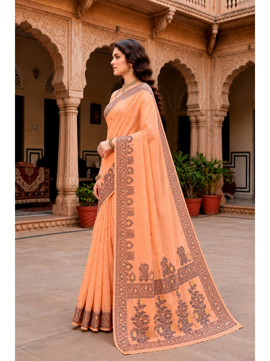 Peachmode Peach Cotton Blend Urvi Cotton Saree - Image 2
