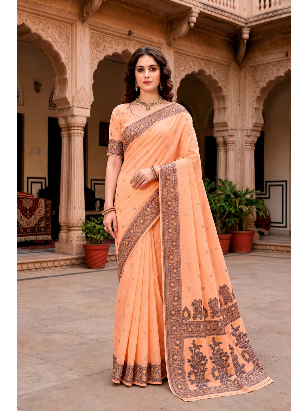 Peachmode Peach Cotton Blend Urvi Cotton Saree - Image 1