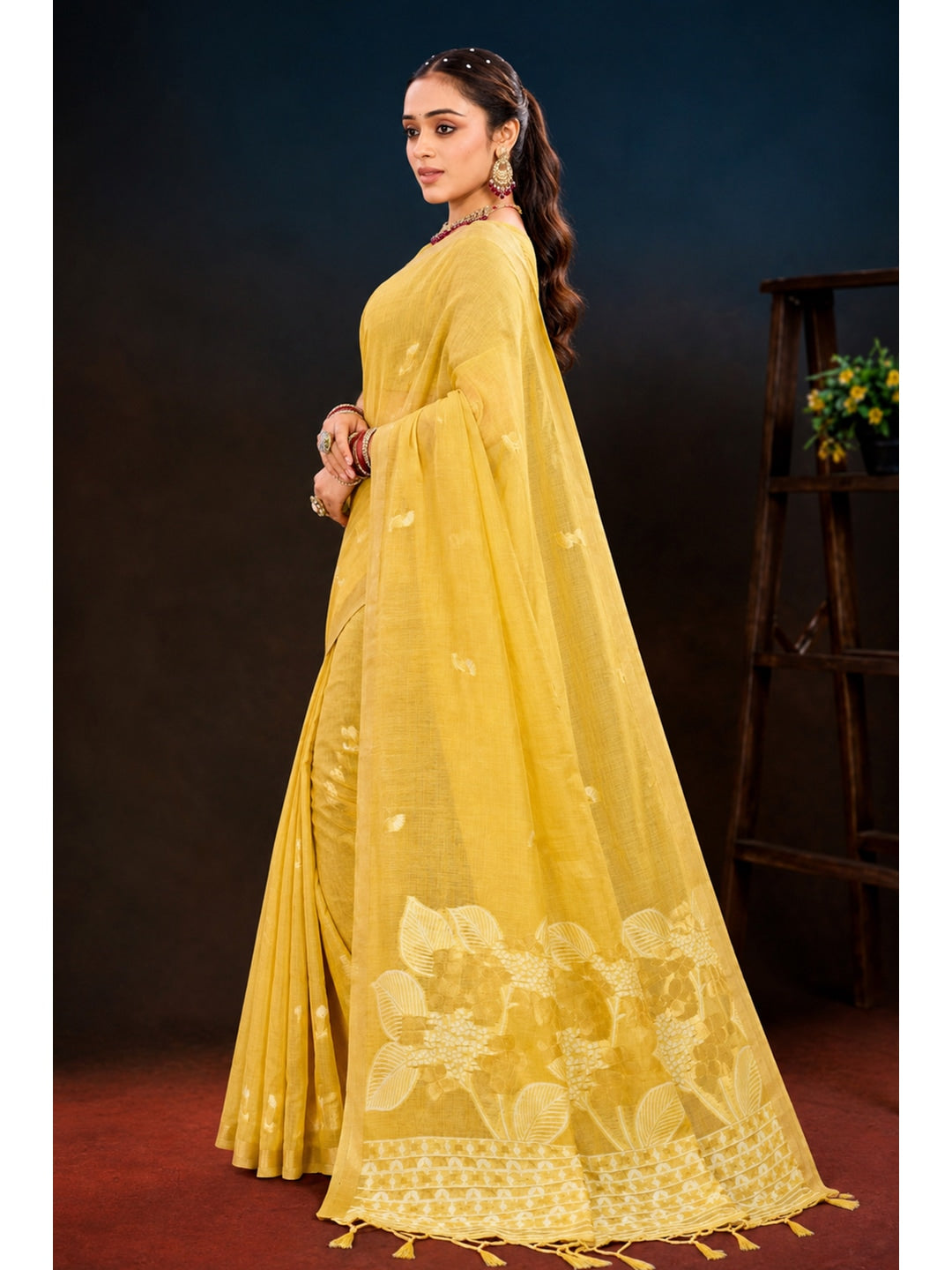 Peachmode Yellow Cotton Blend Varnika Cotton Saree - Image 2