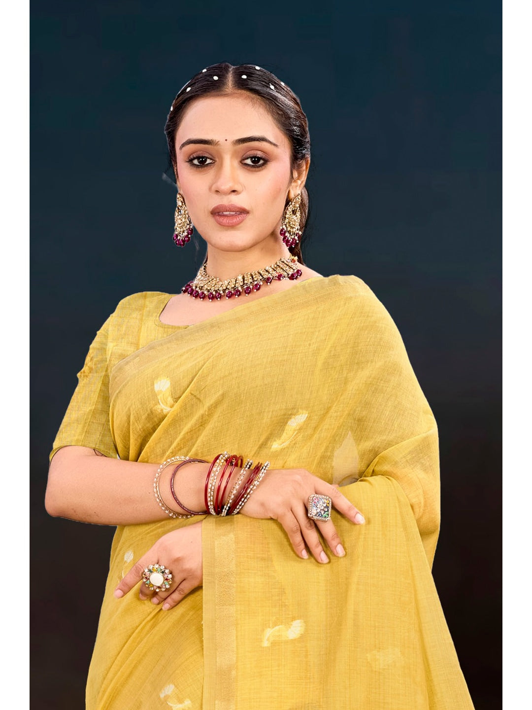 Peachmode Yellow Cotton Blend Varnika Cotton Saree - Image 3