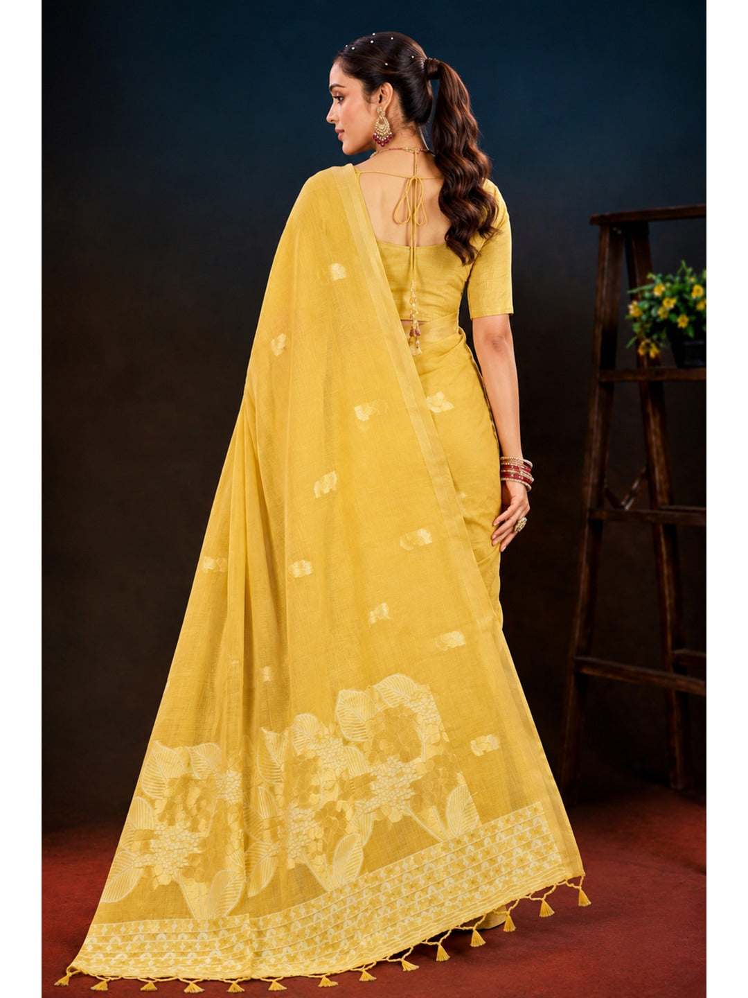 Peachmode Yellow Cotton Blend Varnika Cotton Saree - Image 5