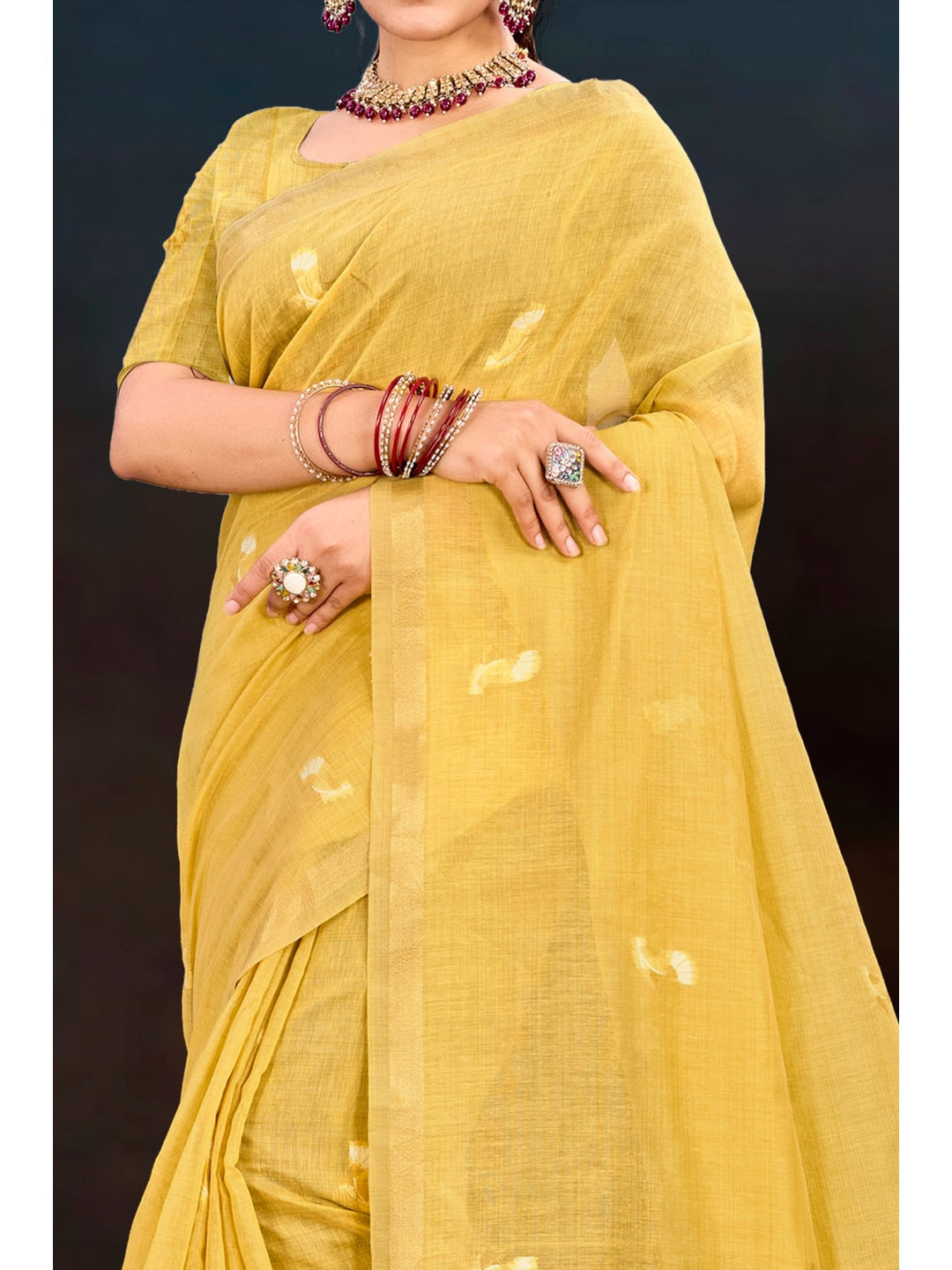 Peachmode Yellow Cotton Blend Varnika Cotton Saree - Image 6