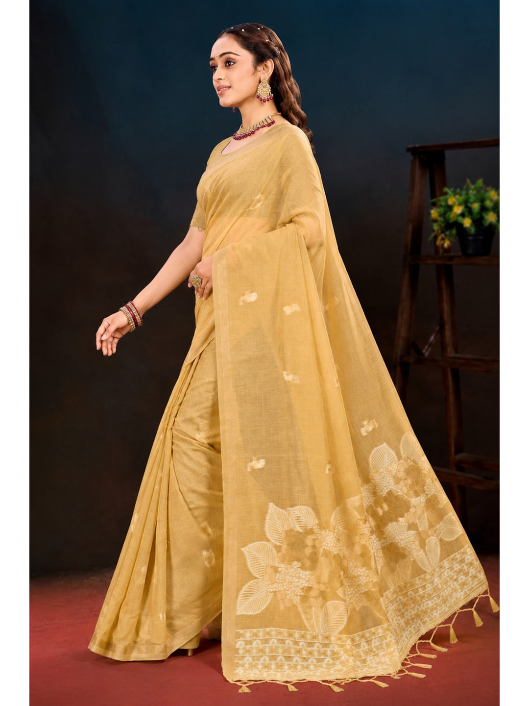 Peachmode Beige Cotton Blend Varnika Cotton Saree - Image 2