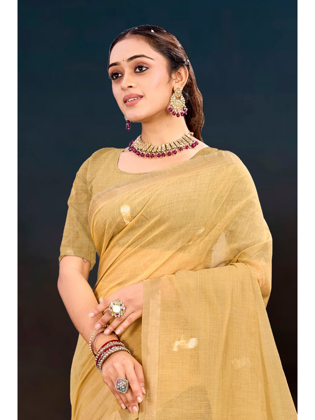 Peachmode Beige Cotton Blend Varnika Cotton Saree - Image 3