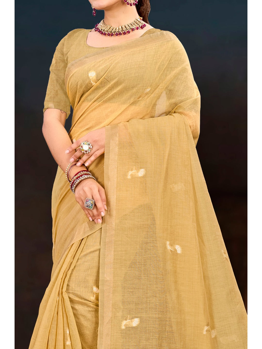 Peachmode Beige Cotton Blend Varnika Cotton Saree - Image 6