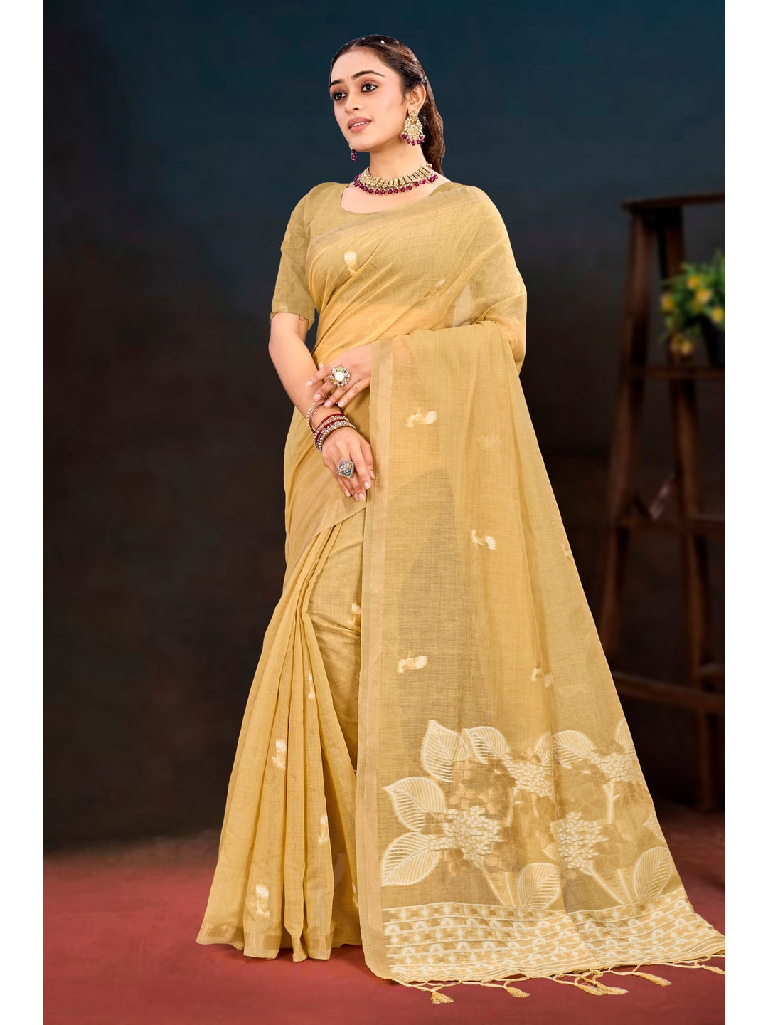 Peachmode Beige Cotton Blend Varnika Cotton Saree - Image 1