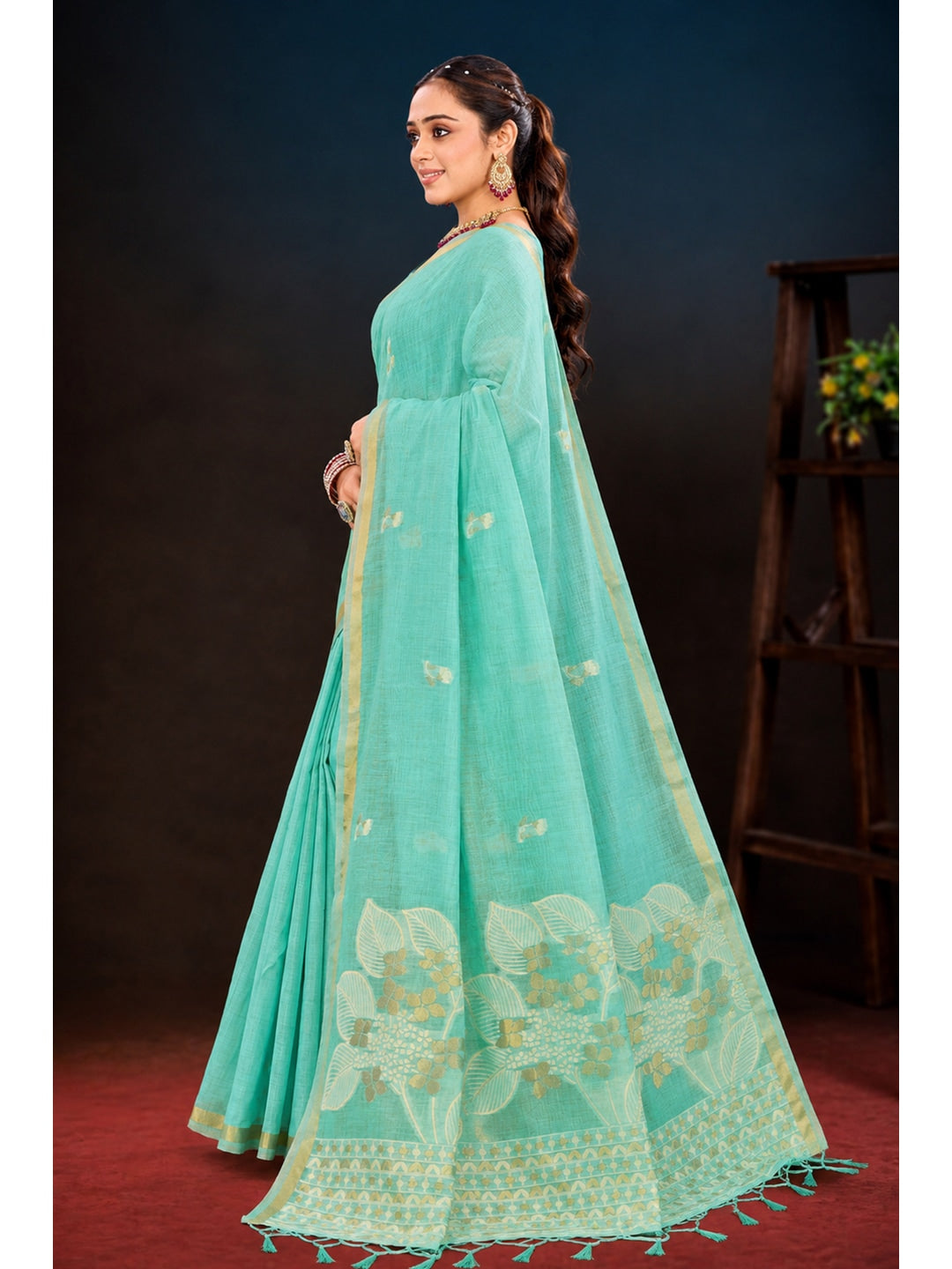 Peachmode Green Cotton Blend Varnika Cotton Saree - Image 2
