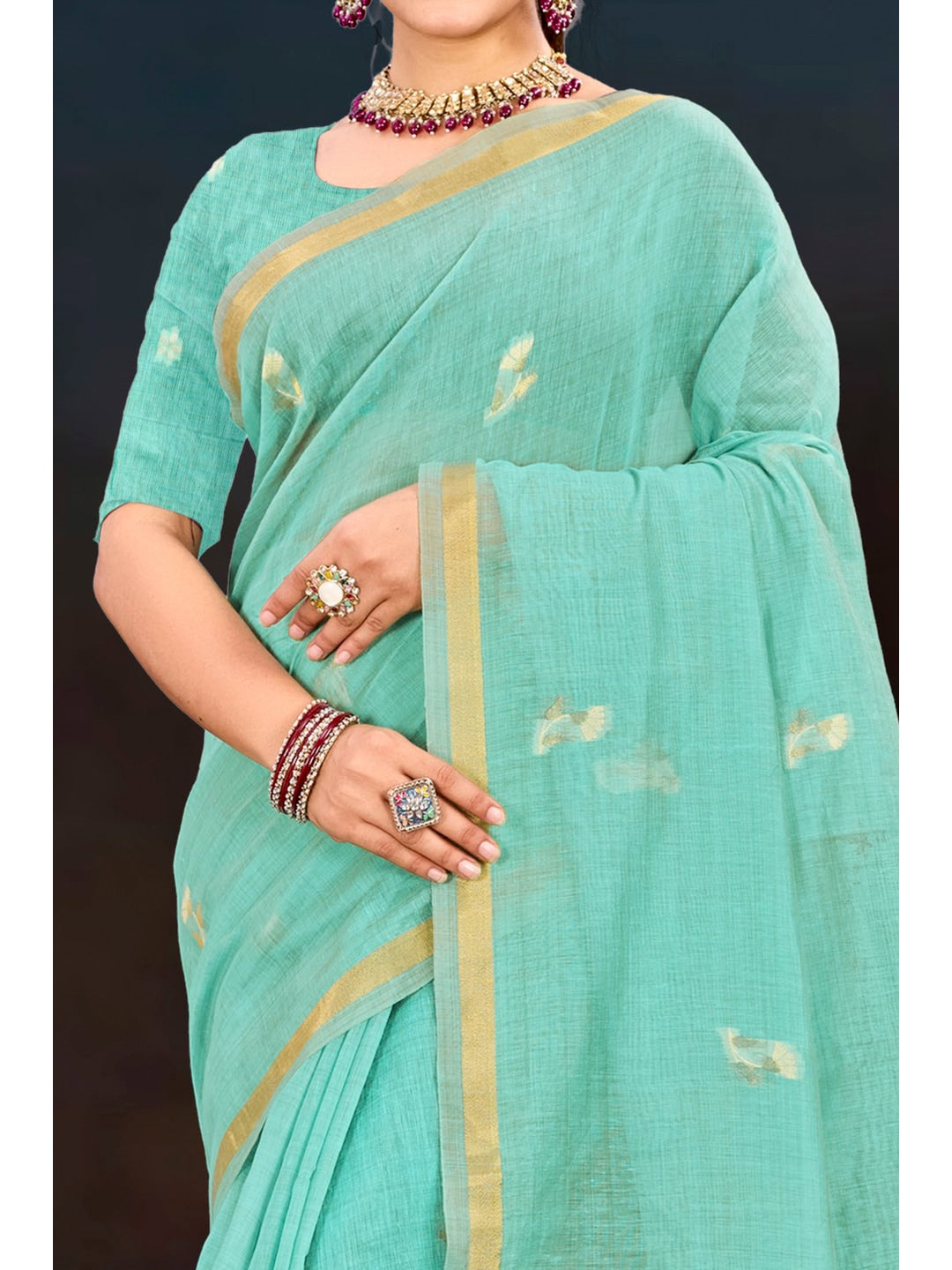 Peachmode Green Cotton Blend Varnika Cotton Saree - Image 5