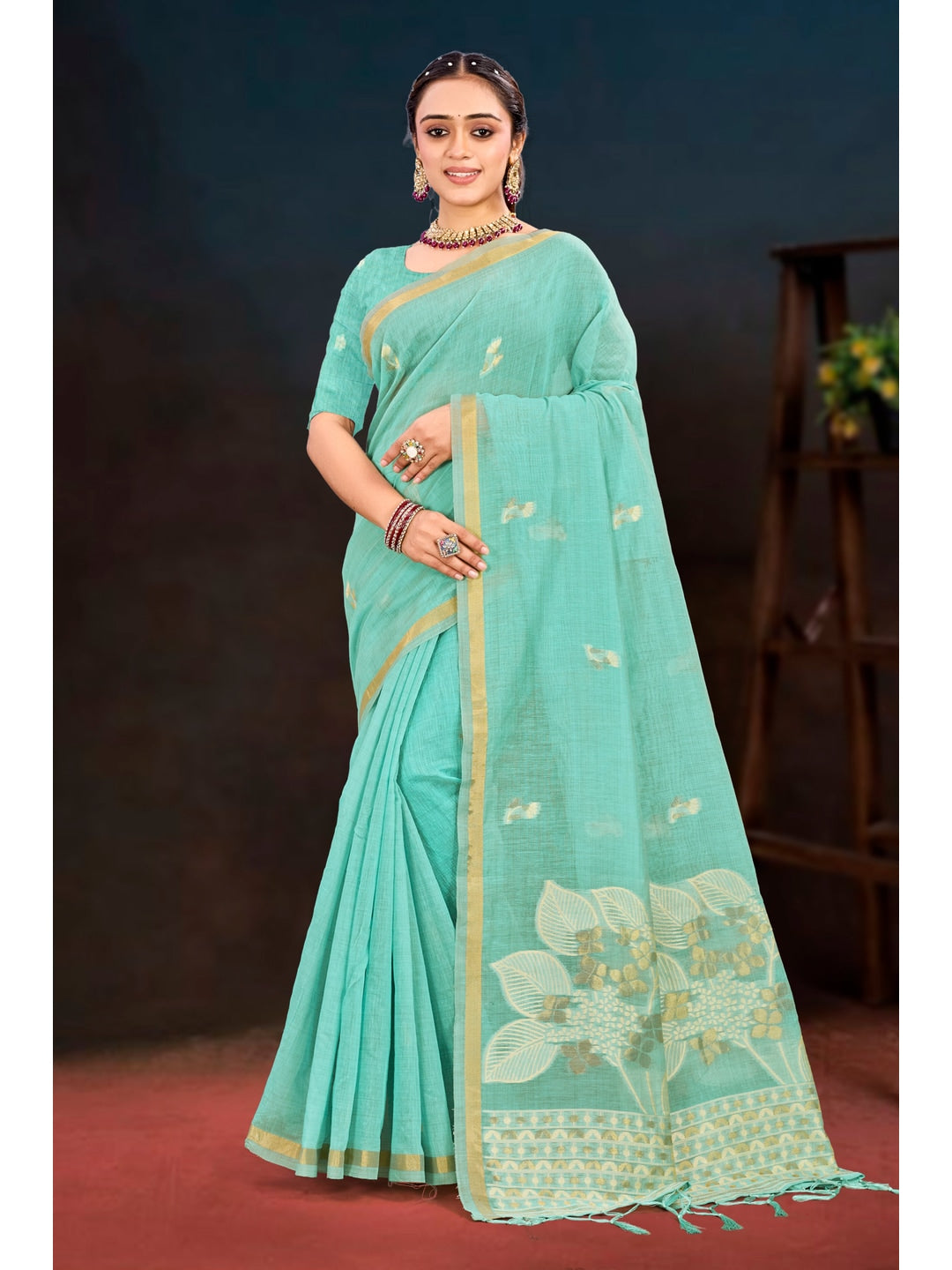 Peachmode Green Cotton Blend Varnika Cotton Saree - Image 1