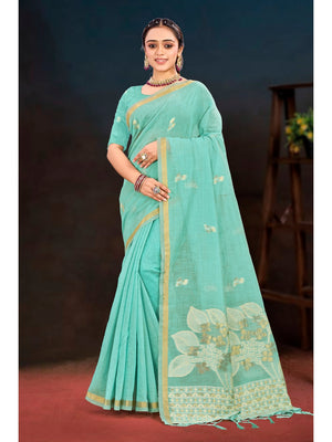 Peachmode Green Cotton Blend Varnika Cotton Saree - Image 1