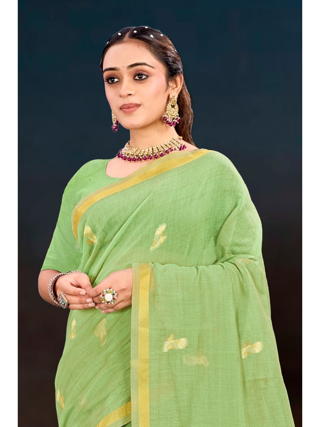 Peachmode Green Cotton Blend Varnika Cotton Saree - Image 3