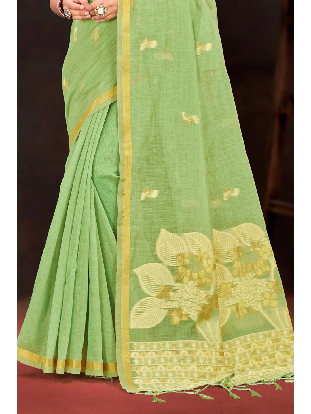 Peachmode Green Cotton Blend Varnika Cotton Saree - Image 4