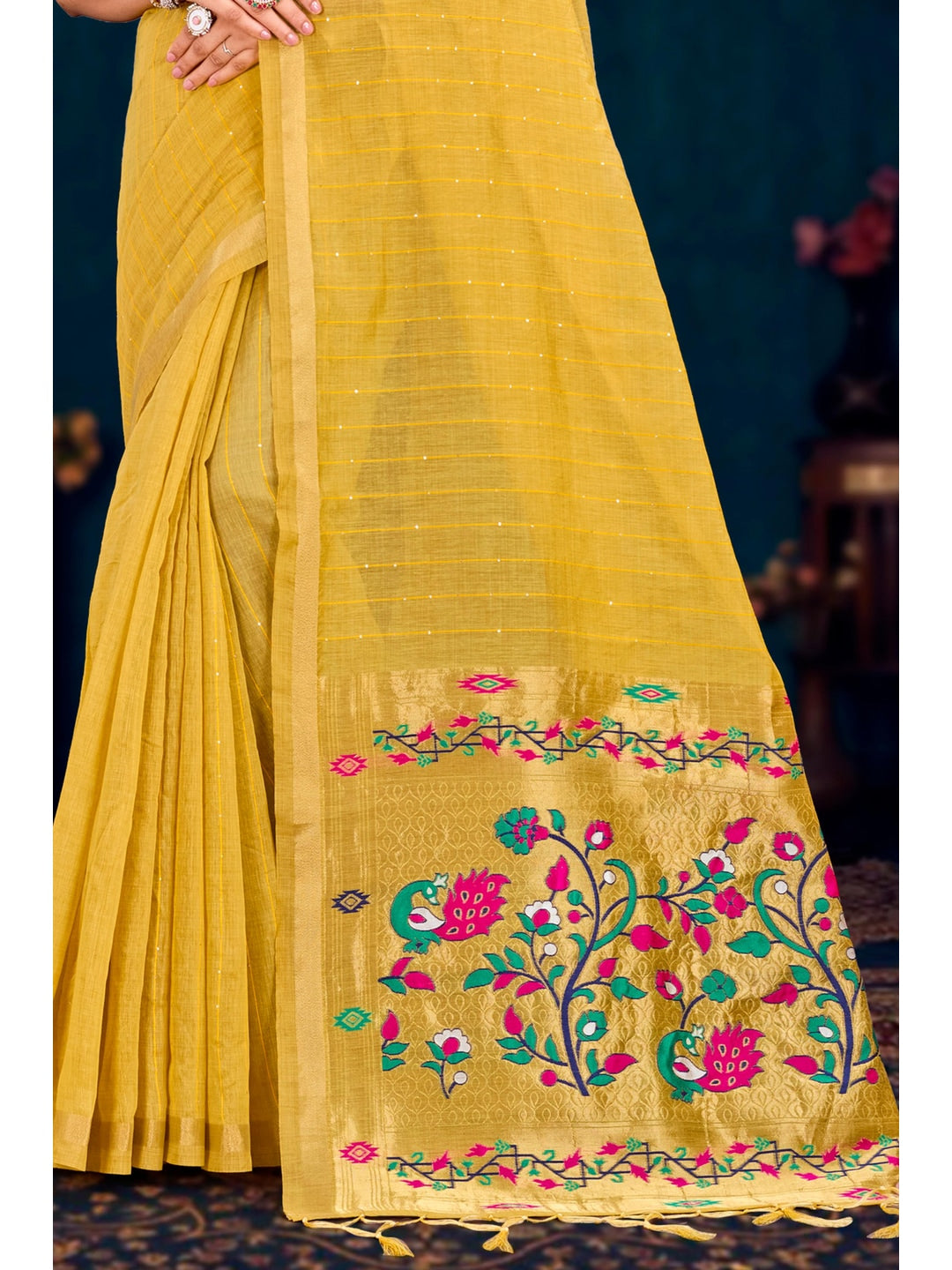 Peachmode Yellow Cotton Blend Varnika Cotton Saree - Image 3