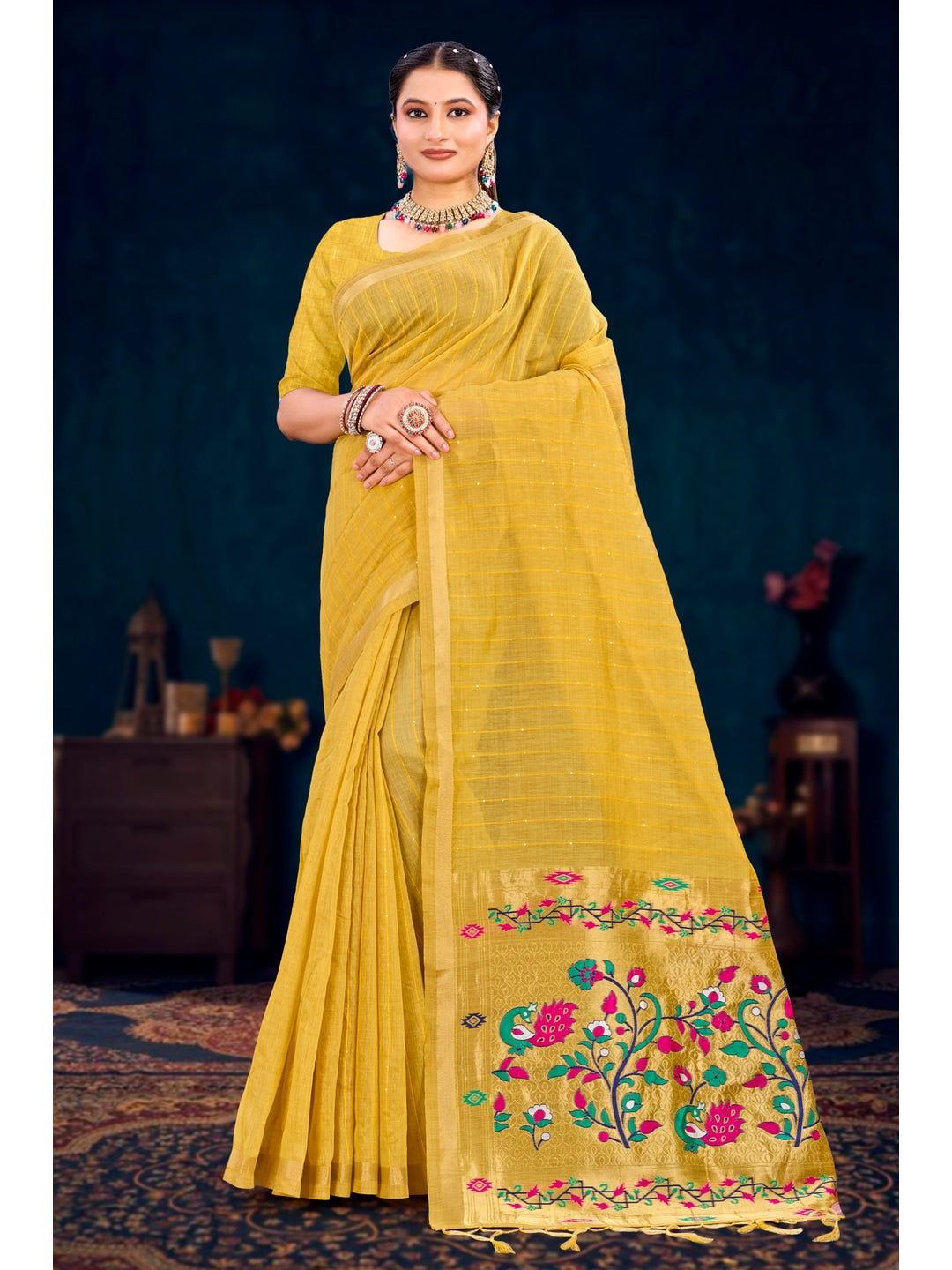 Peachmode Yellow Cotton Blend Varnika Cotton Saree - Image 1