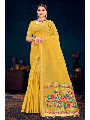 Peachmode Yellow Cotton Blend Varnika Cotton Saree - Image 1