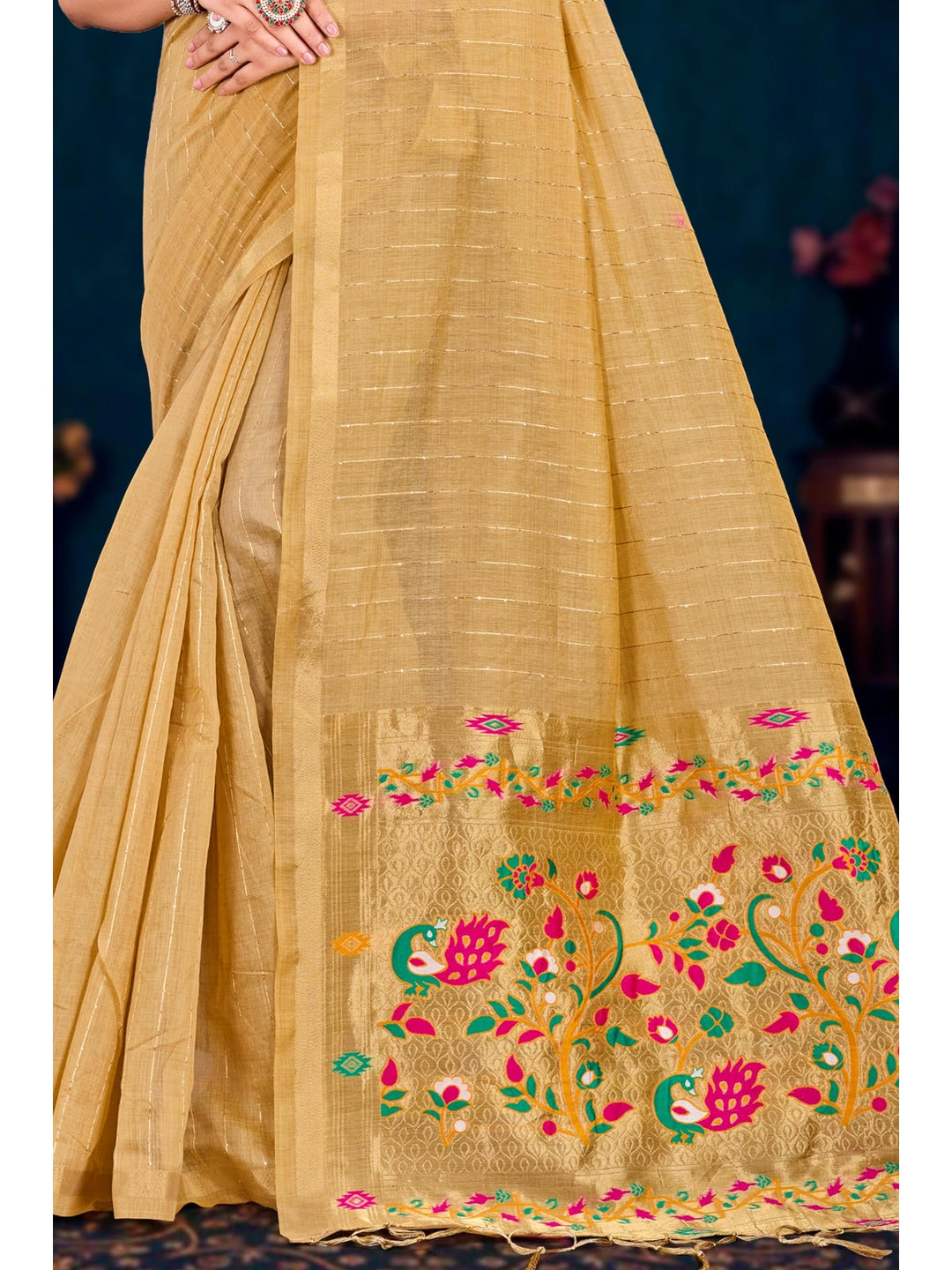 Peachmode Beige Cotton Blend Varnika Cotton Saree - Image 3