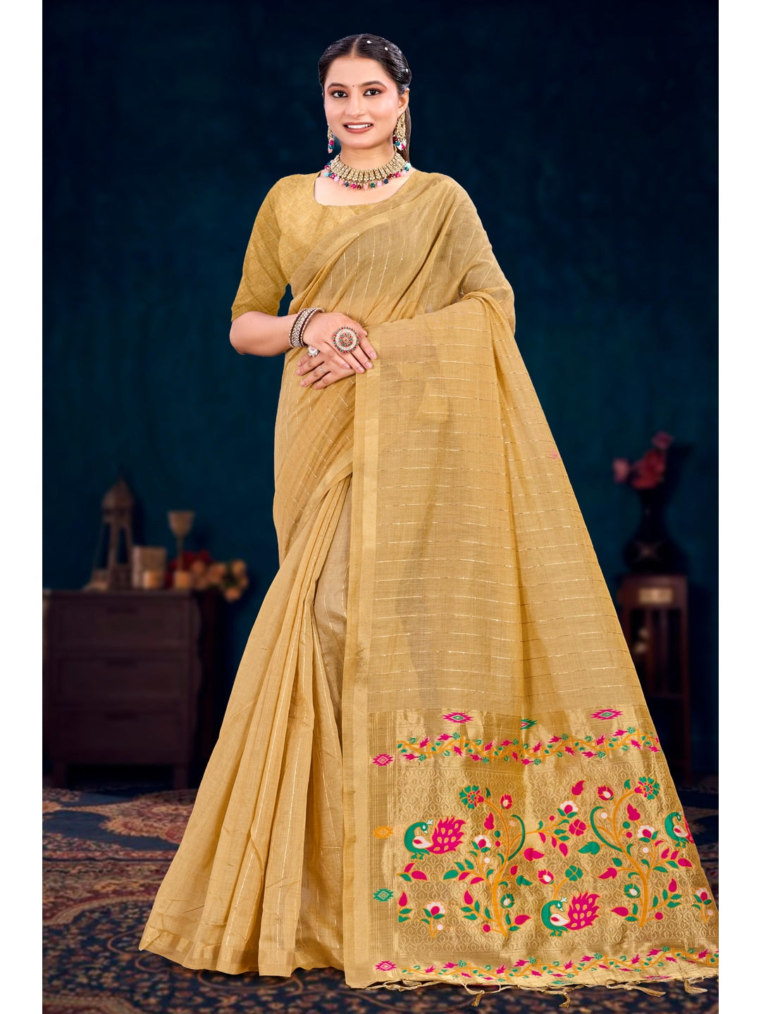 Peachmode Beige Cotton Blend Varnika Cotton Saree - Image 1