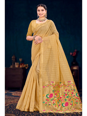 Peachmode Beige Cotton Blend Varnika Cotton Saree - Image 1