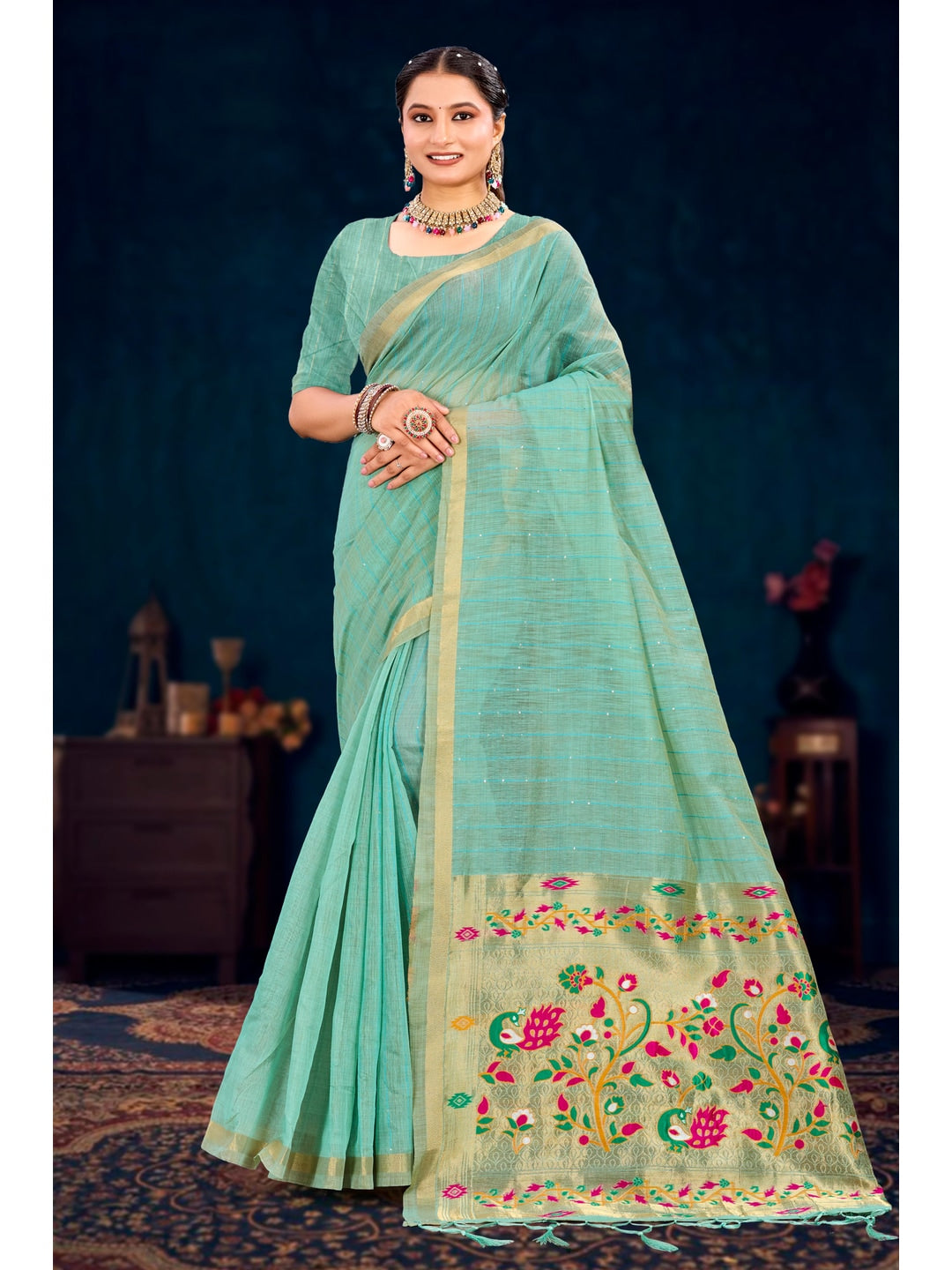 Peachmode Green Cotton Blend Varnika Cotton Saree - Image 1