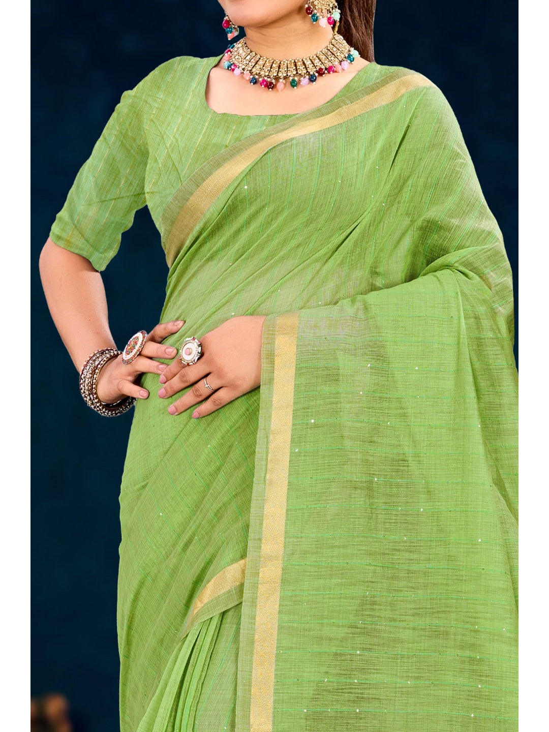 Peachmode Green Cotton Blend Varnika Cotton Saree - Image 4