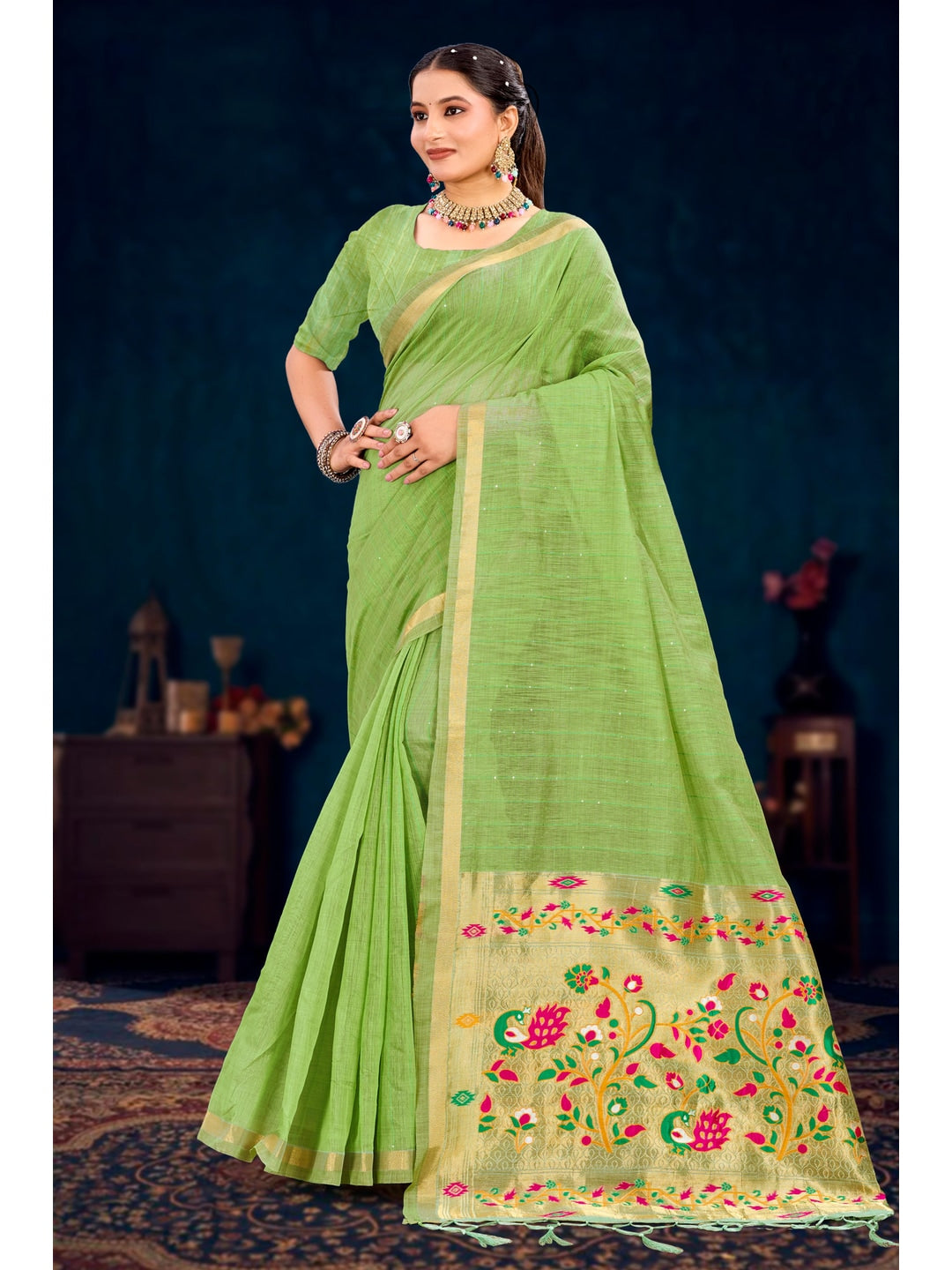 Peachmode Green Cotton Blend Varnika Cotton Saree - Image 1