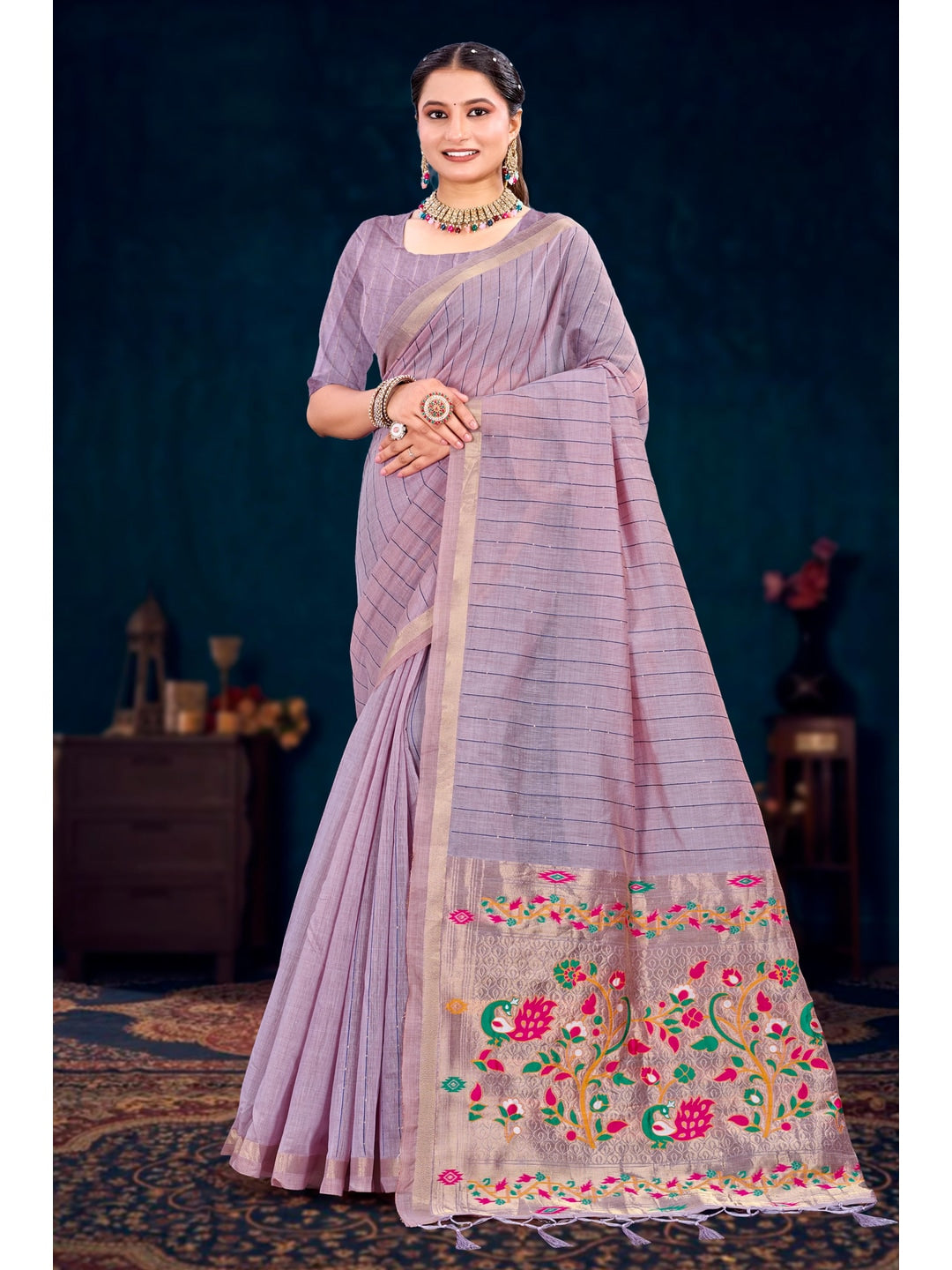 Peachmode Purple Cotton Blend Varnika Cotton Saree - Image 1