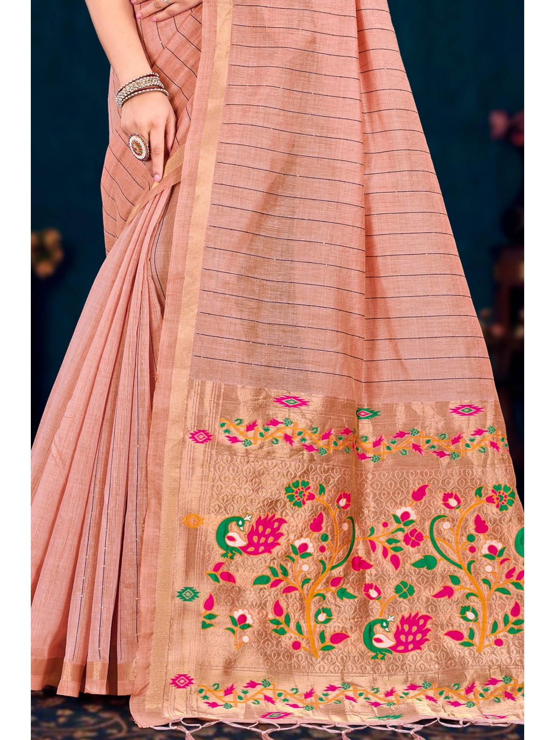 Peachmode Pink Cotton Blend Varnika Cotton Saree - Image 3