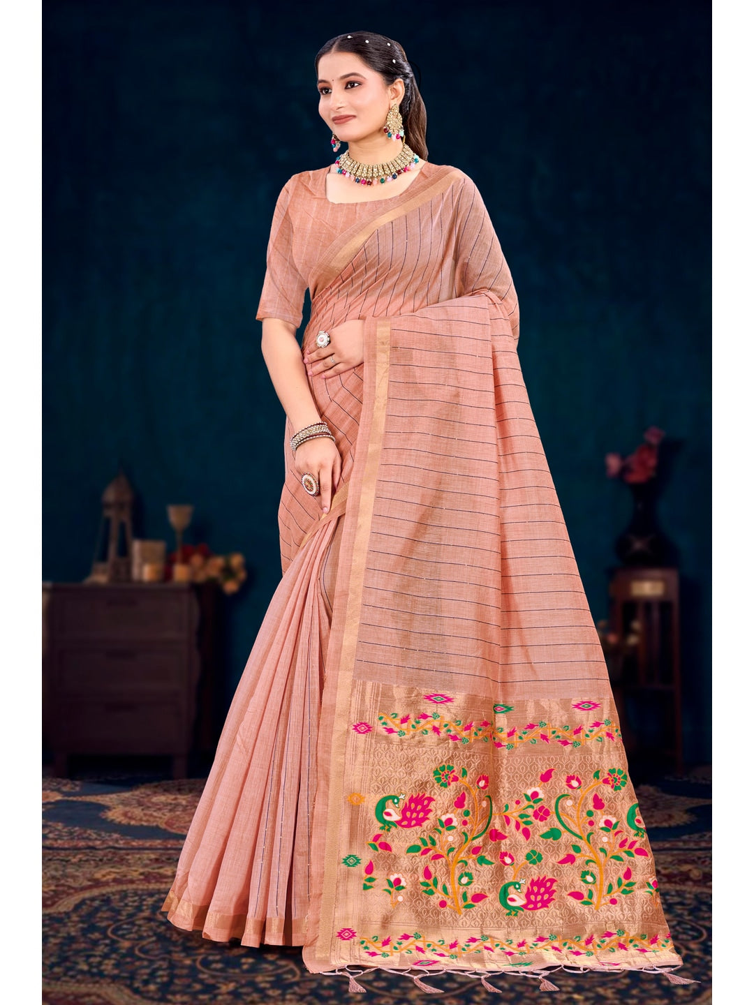 Peachmode Pink Cotton Blend Varnika Cotton Saree - Image 1