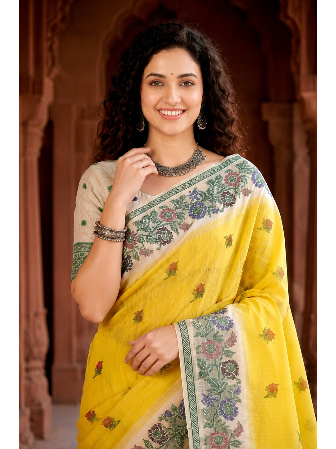 Peachmode Yellow Cotton Blend Vasundhara Saree - Image 2
