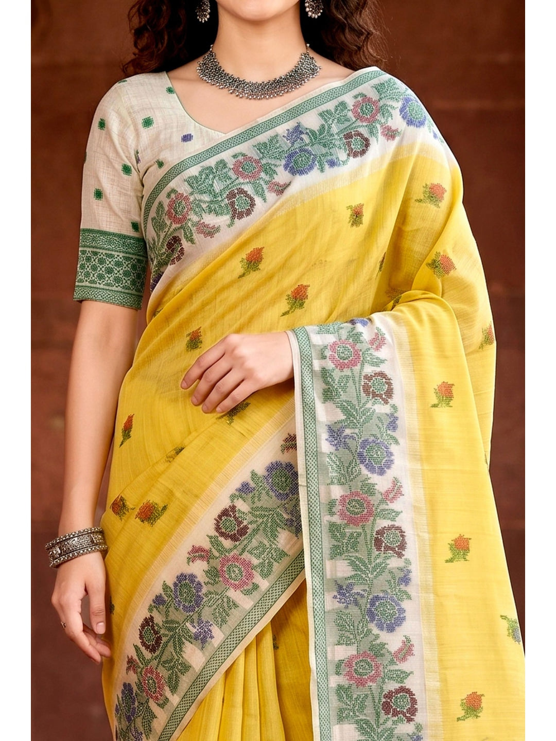 Peachmode Yellow Cotton Blend Vasundhara Saree - Image 5