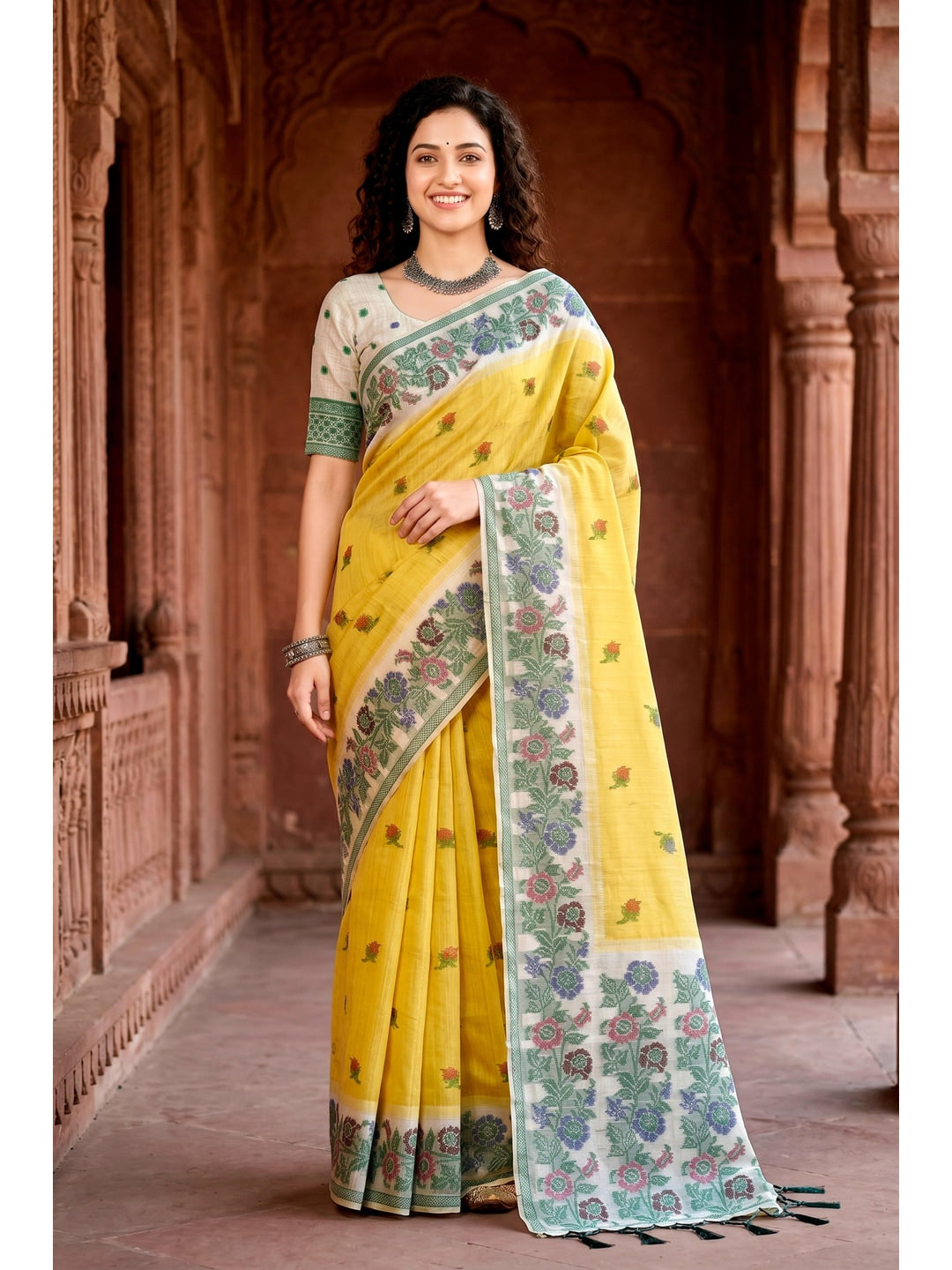 Peachmode Yellow Cotton Blend Vasundhara Saree - Image 1