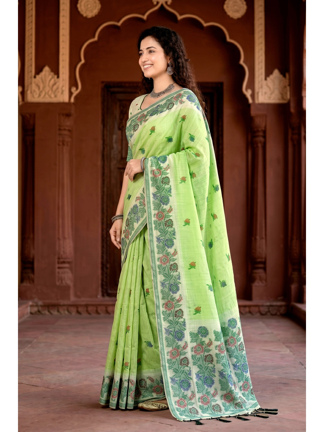 Peachmode Green Cotton Blend Vasundhara Saree - Image 3