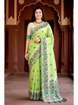 Peachmode Green Cotton Blend Vasundhara Saree - Image 1