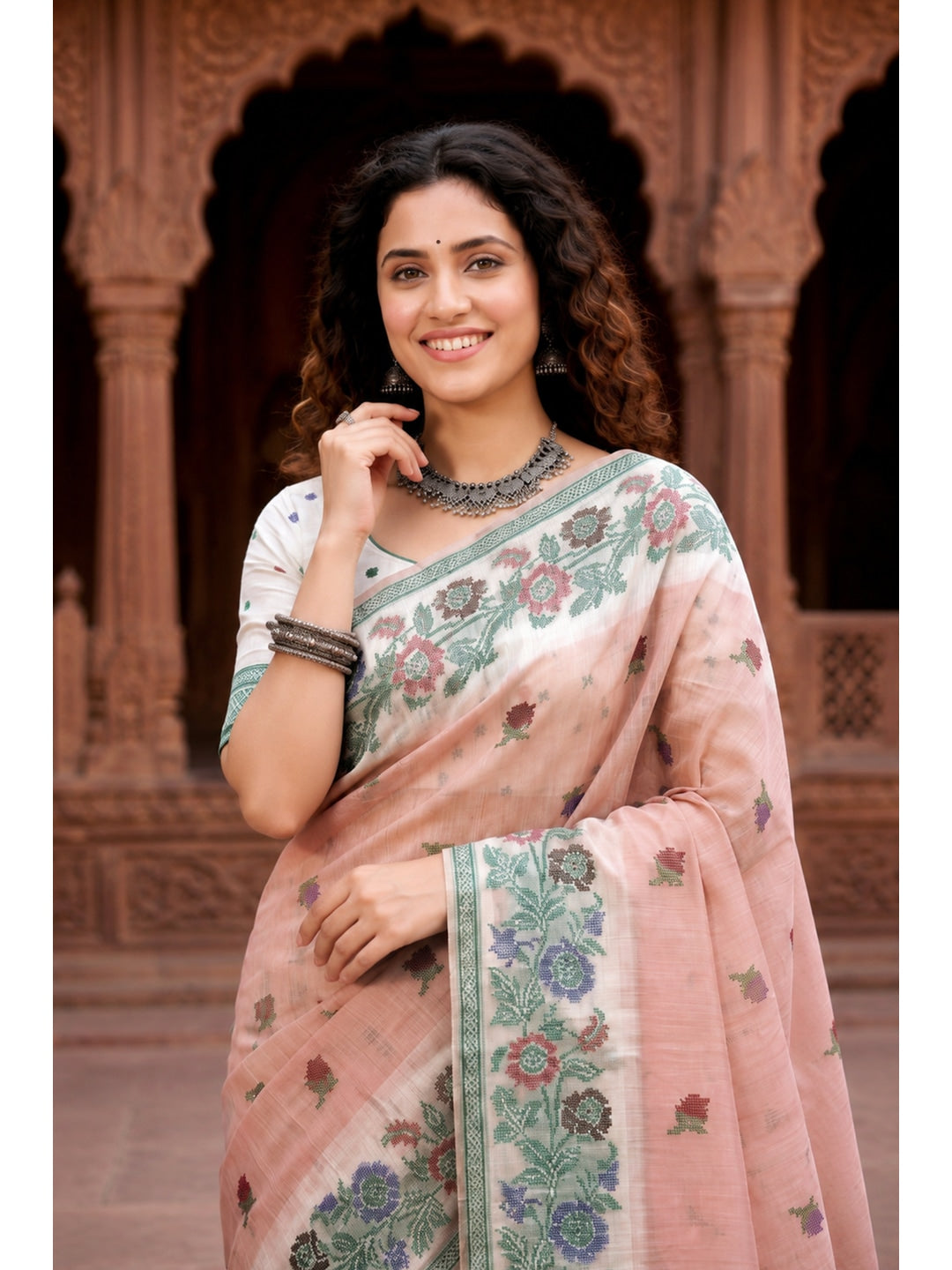 Peachmode Peach Cotton Blend Vasundhara Saree - Image 2