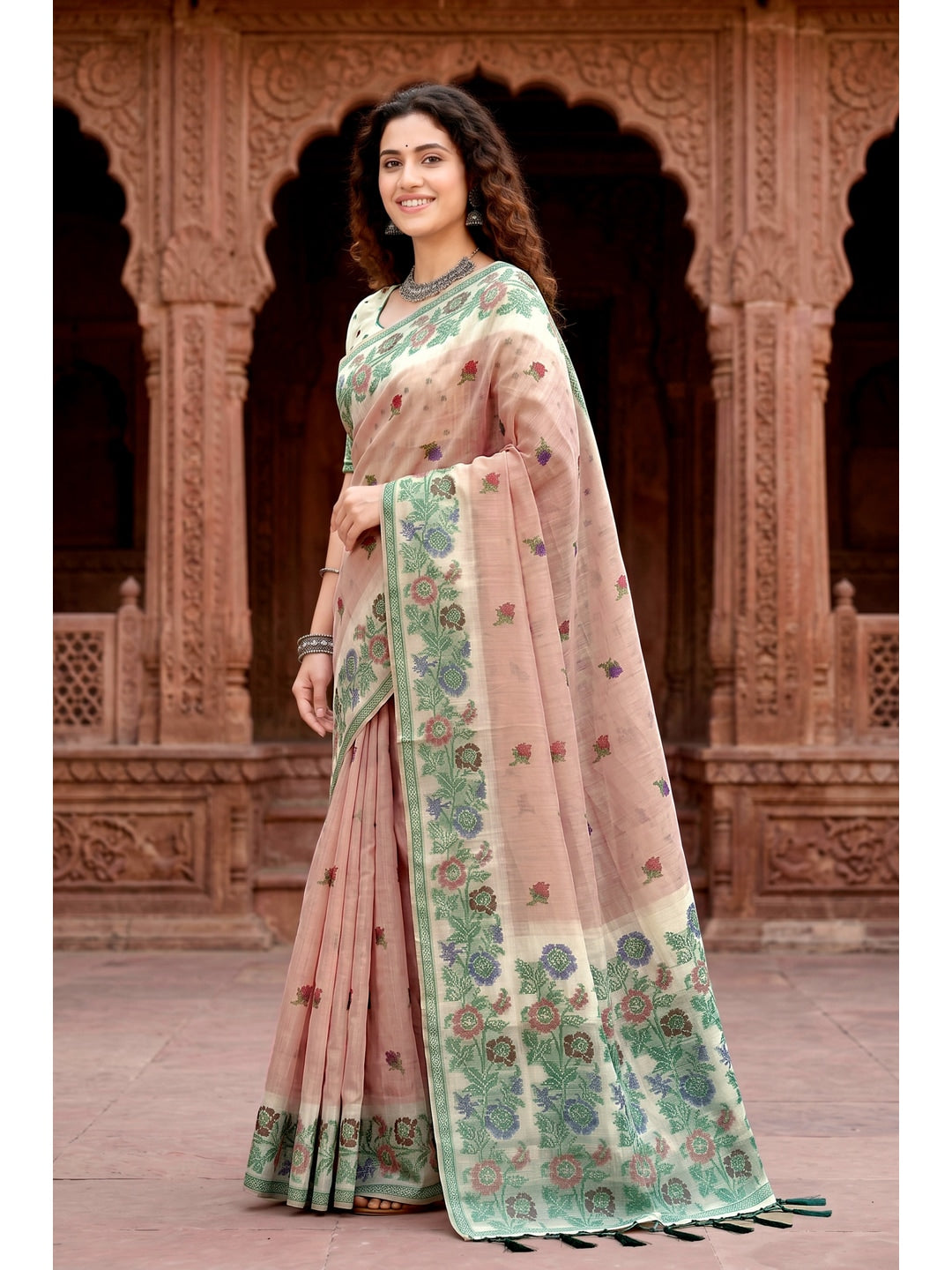 Peachmode Peach Cotton Blend Vasundhara Saree - Image 3