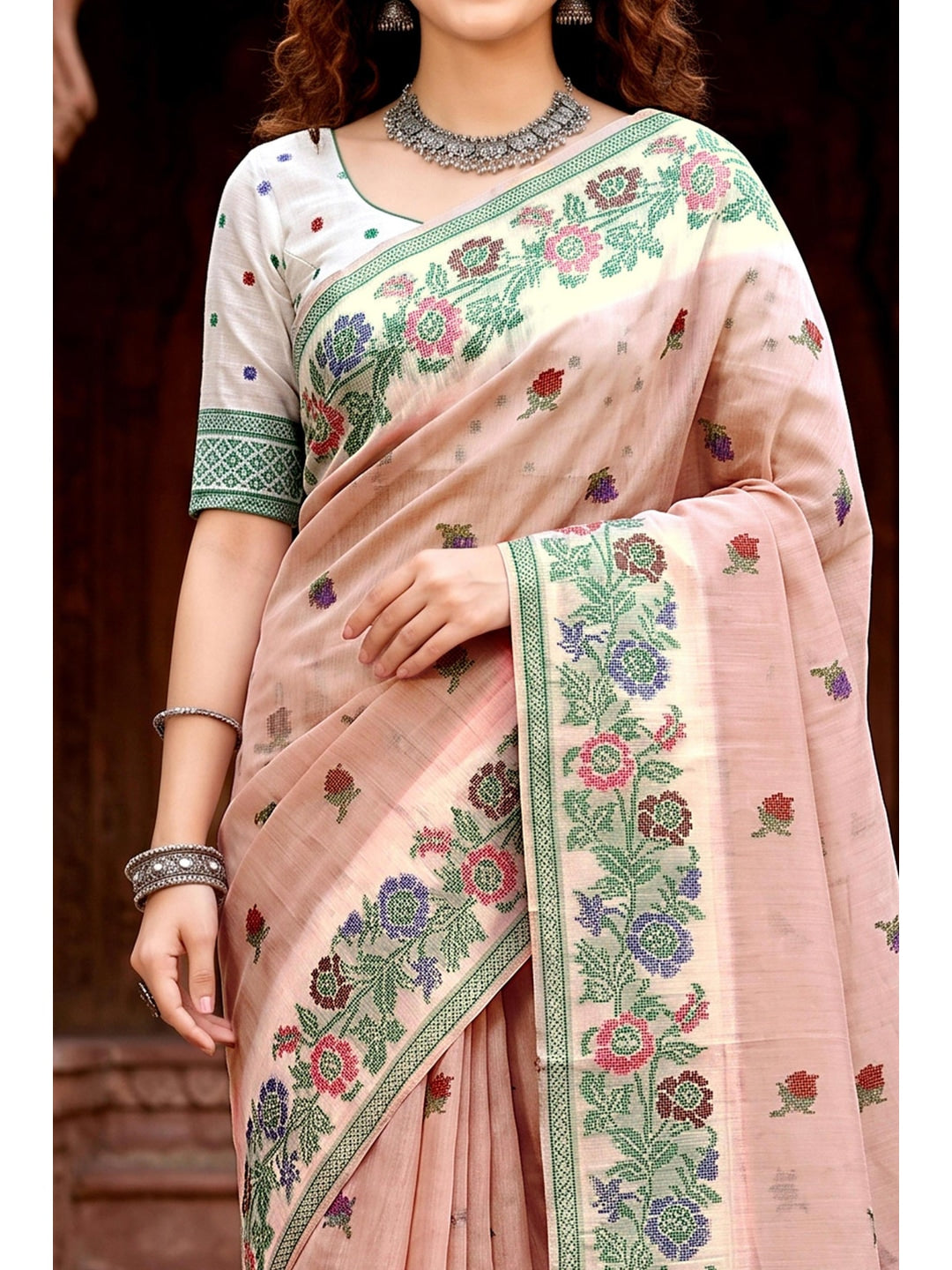 Peachmode Peach Cotton Blend Vasundhara Saree - Image 5