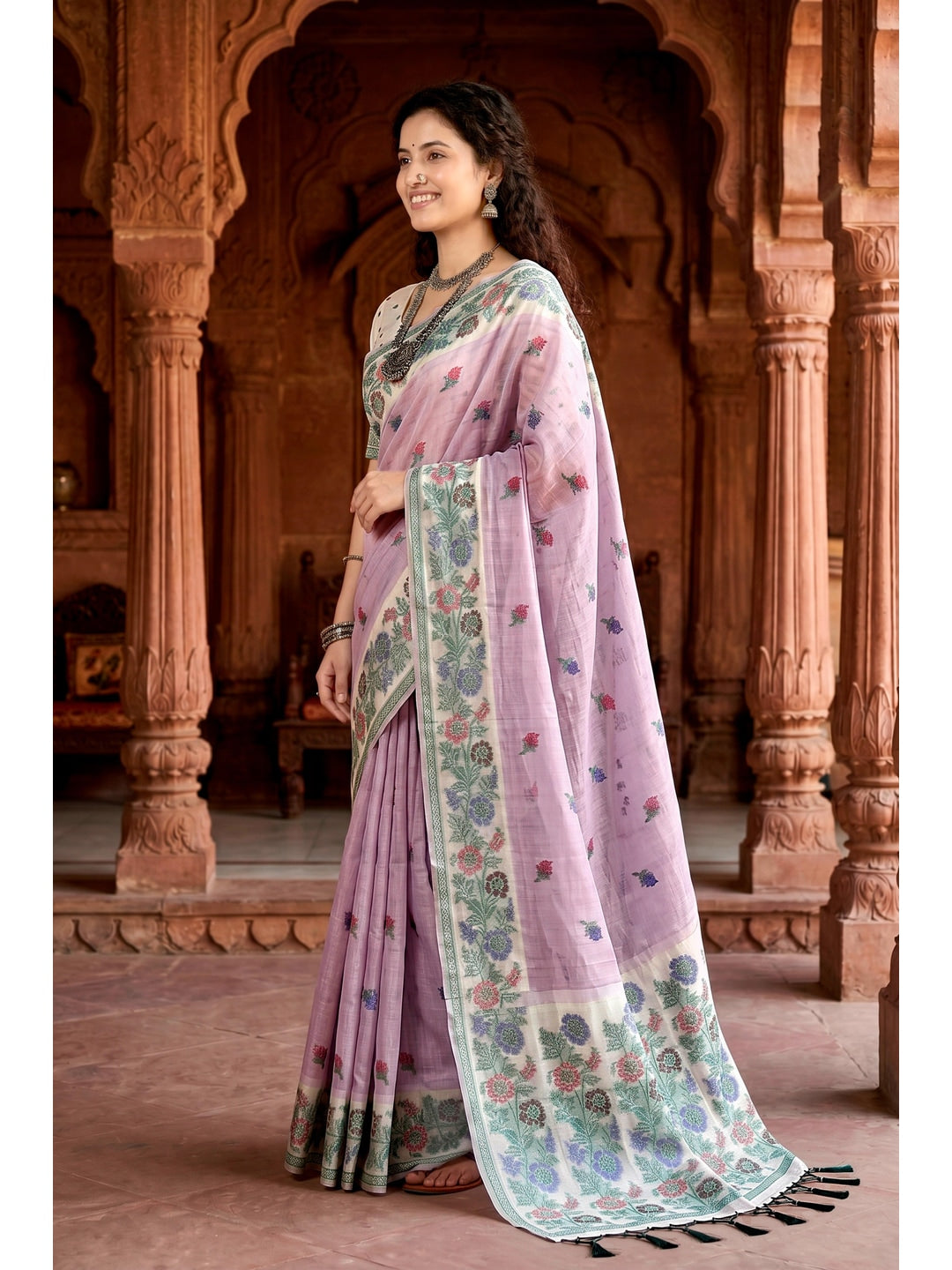 Peachmode Lavender Cotton Blend Vasundhara Saree - Image 3