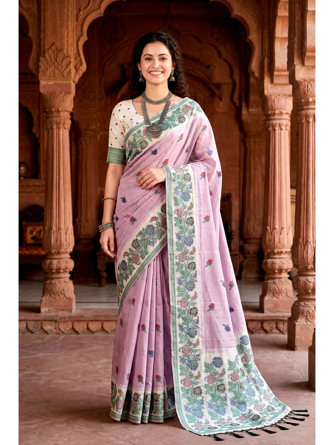 Peachmode Lavender Cotton Blend Vasundhara Saree - Image 1