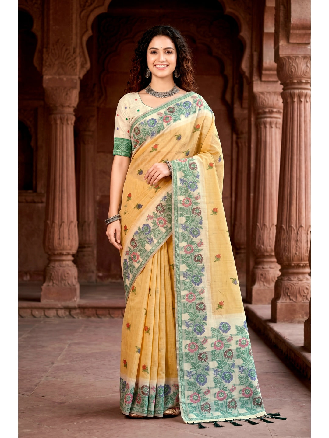 Peachmode Yellow Cotton Blend Vasundhara Saree - Image 1