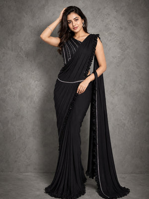 Gorgeous Black Ready-to-Wear Partywear Saree in Imported Lycra Fabric for Effortless Glam - Image 1