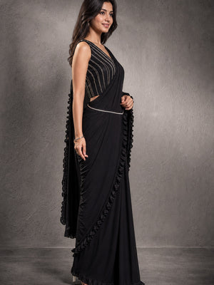 Gorgeous Black Ready-to-Wear Partywear Saree in Imported Lycra Fabric for Effortless Glam - Image 2