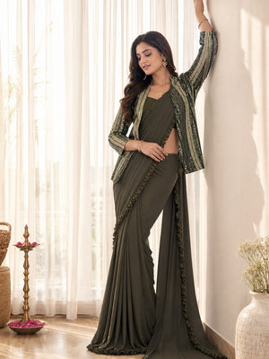 Mehendi Green Lycra Stitched Saree with Designer Sequin Jacket - Image 1