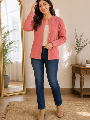 Peach Woven Wool Cardigan Designed For Comfortable Winter Layering - Image 1
