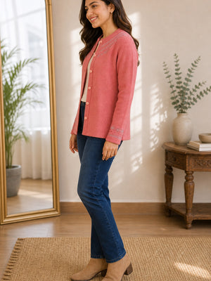Peach Woven Wool Cardigan Designed For Comfortable Winter Layering - Image 2