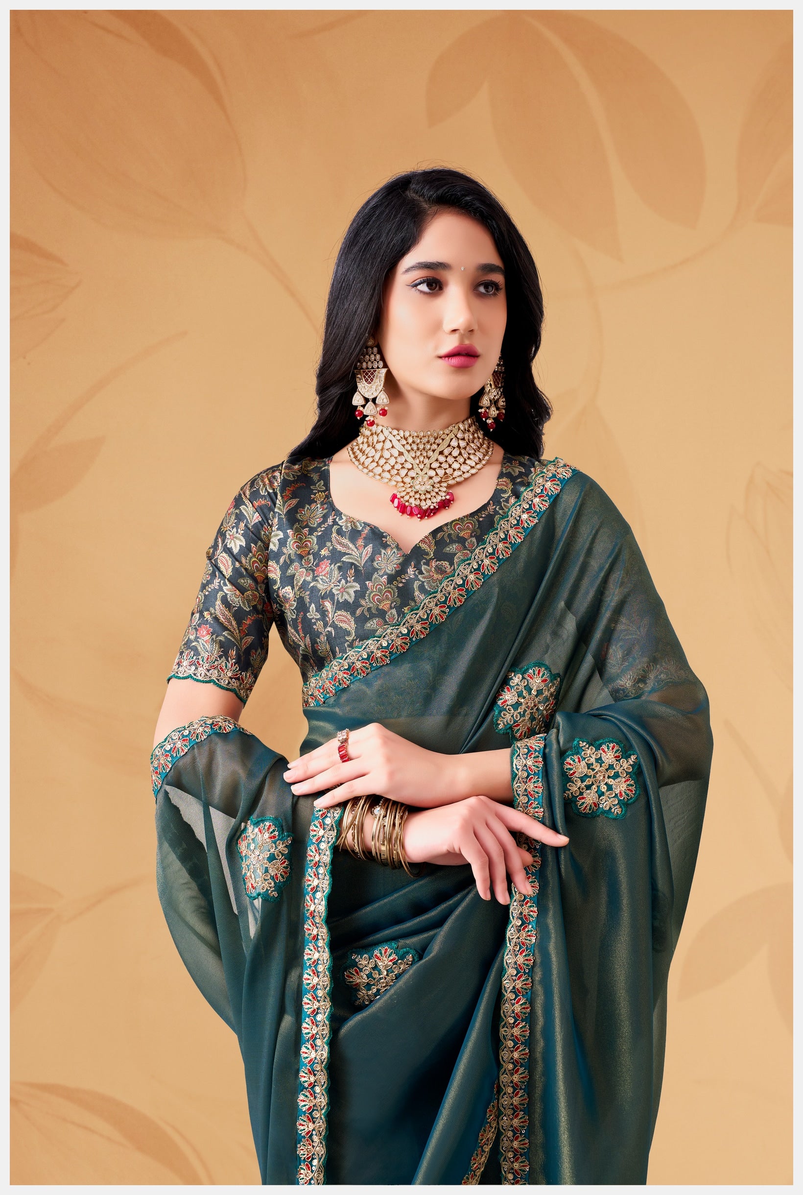Peachmode Teal Celestial 2 Embroidered Saree - Image 3