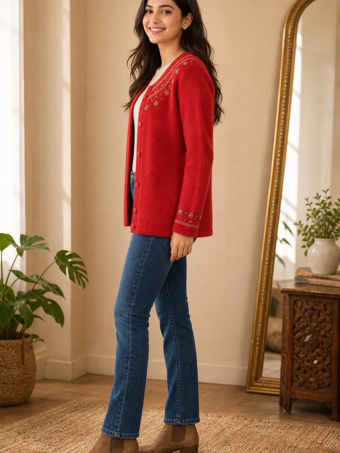 Red Cozy Woven Wool Cardigan Designed For Comfortable Winter Layering - Image 3