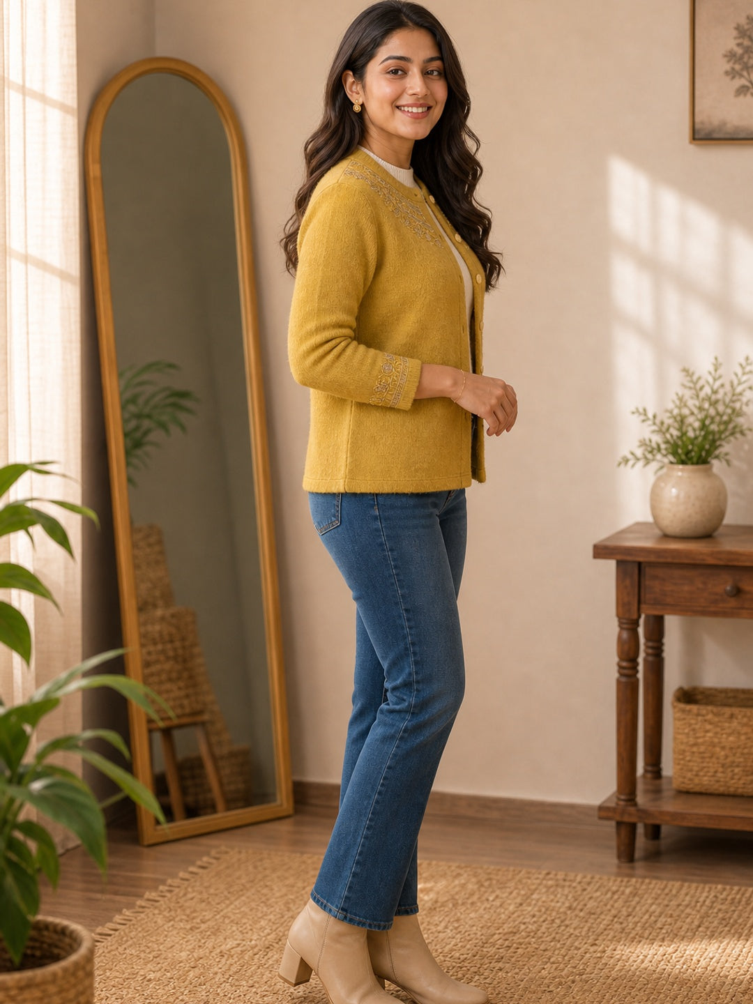 Mustard Cozy Woven Wool Cardigan Designed For Comfortable Winter Layering - Image 3