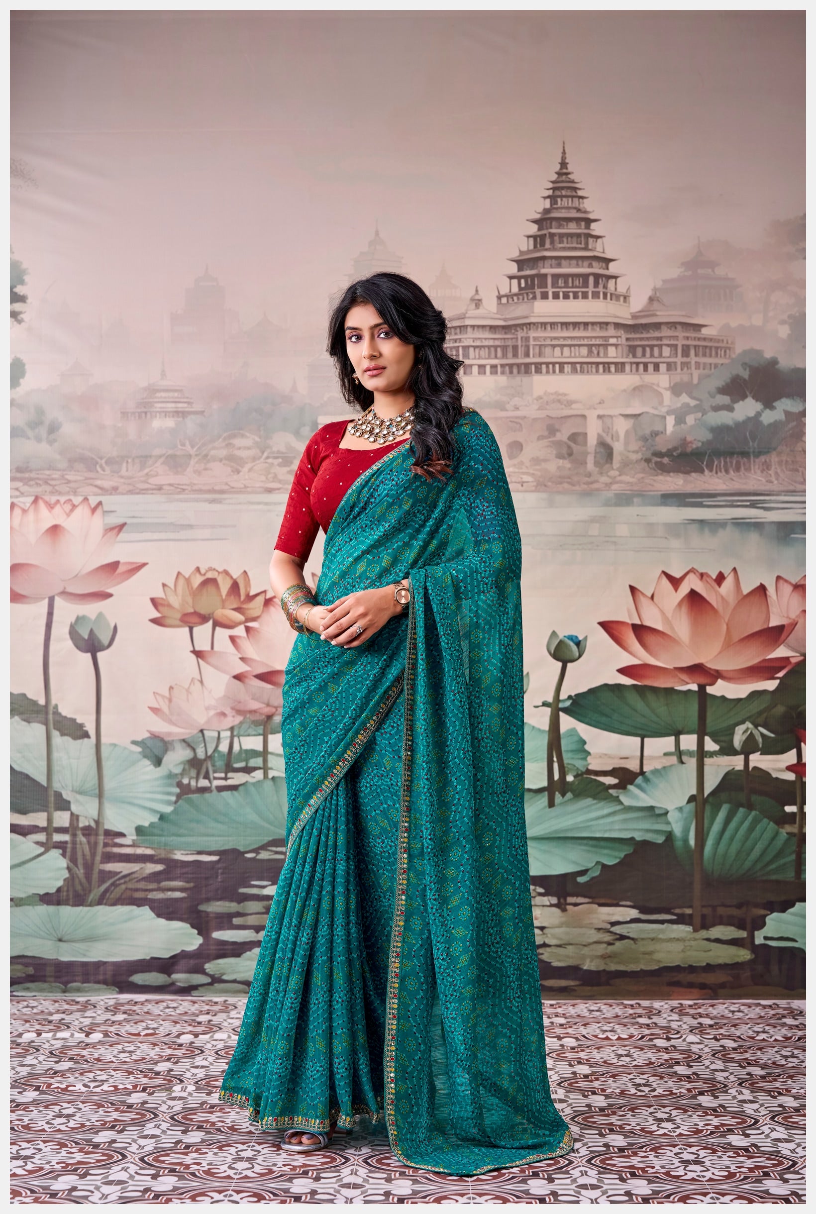 Peachmode Teal Raj Mahal Embroidered Saree - Image 2