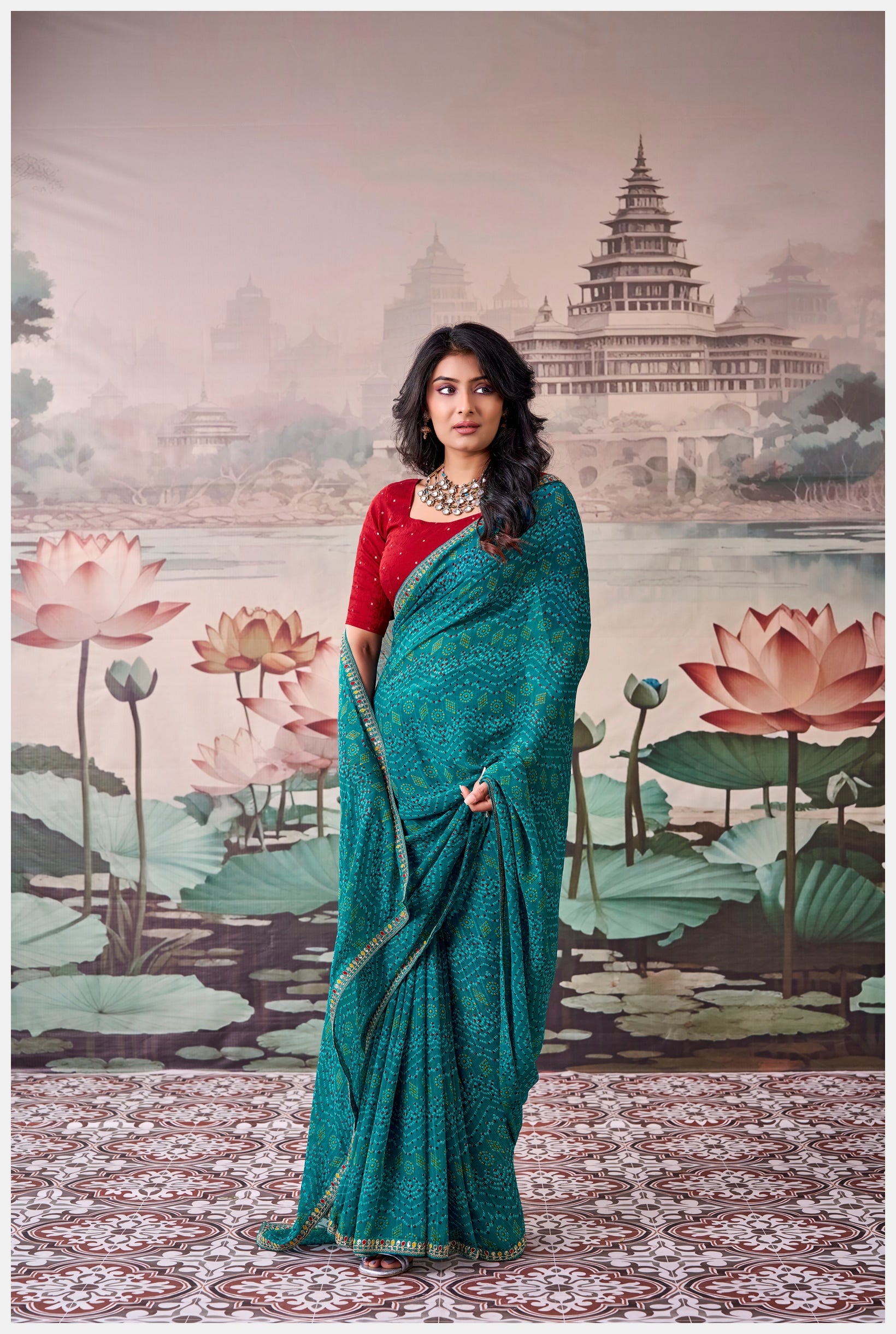 Peachmode Teal Raj Mahal Embroidered Saree - Image 3